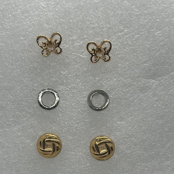 3 Pair Stud Earring Set - Butterfly, Minimalist, Woven - Gold, Silver, Black - Picture 1 of 10